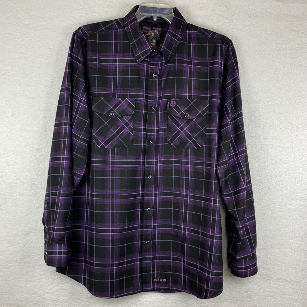 Born Scum Men XL Midnight Purple Black Plaid Flannel Shirt Long Sleeve Button Up